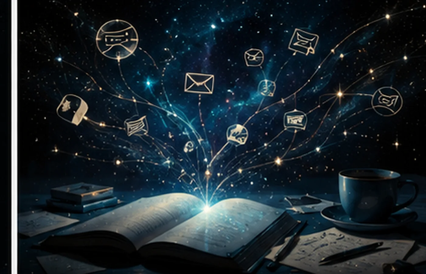 Открытая книга и сеть световых связей показывают повседневную тягу Солнца в Близнецах к информации, вопросам и новым маршрутам.
